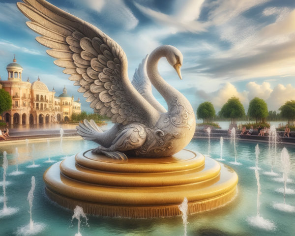 Majestic fountain with swan sculpture and water jets