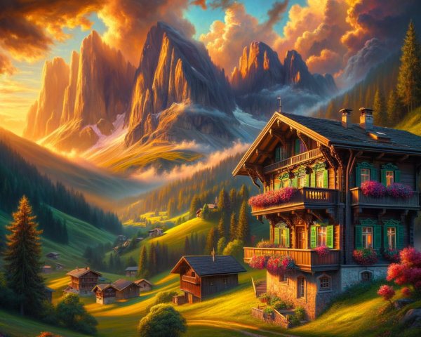 Alpine Scene with Chalet, Mountains, and Sunset Glow