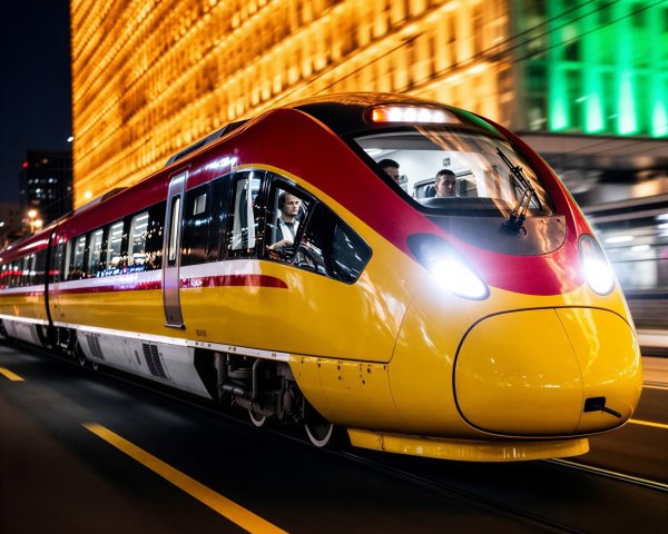 Modern Red and Yellow Train in Urban Nightscape