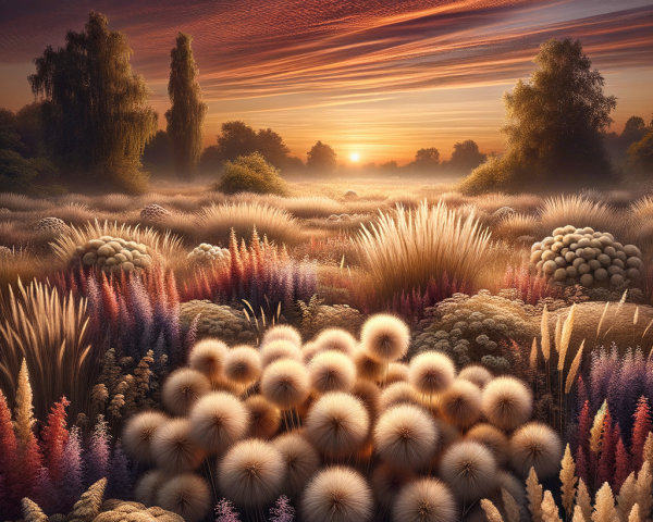 Serene Dawn Landscape with Vibrant Meadow and Trees