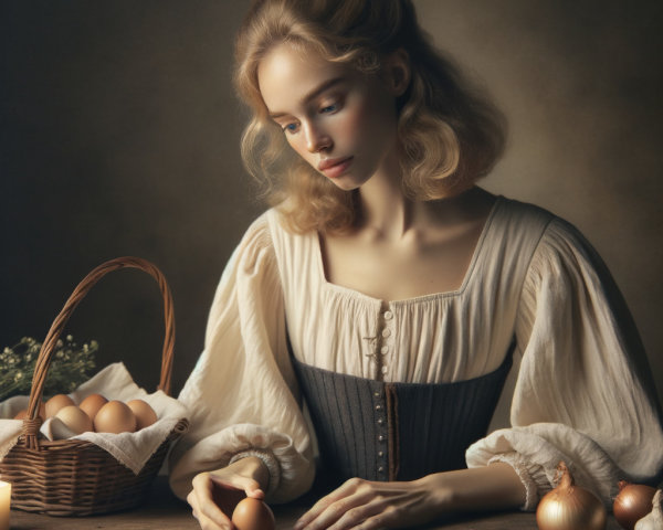Young Woman in Historical Outfit with Eggs and Onions