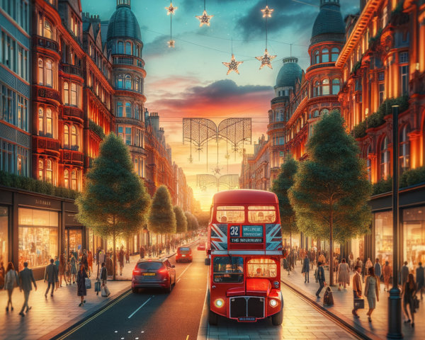 Vibrant City Street at Dusk with Festive Decorations