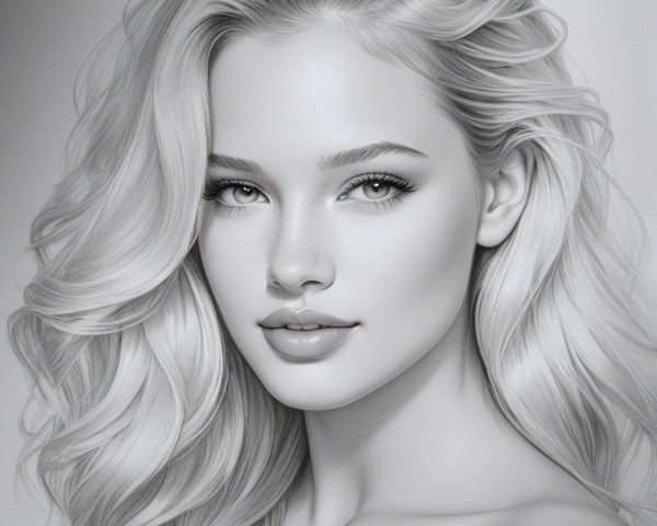 Grayscale Portrait of a Young Woman with Wavy Hair