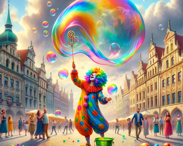 Cheerful Clown Blows Bubbles in Vibrant Town Square