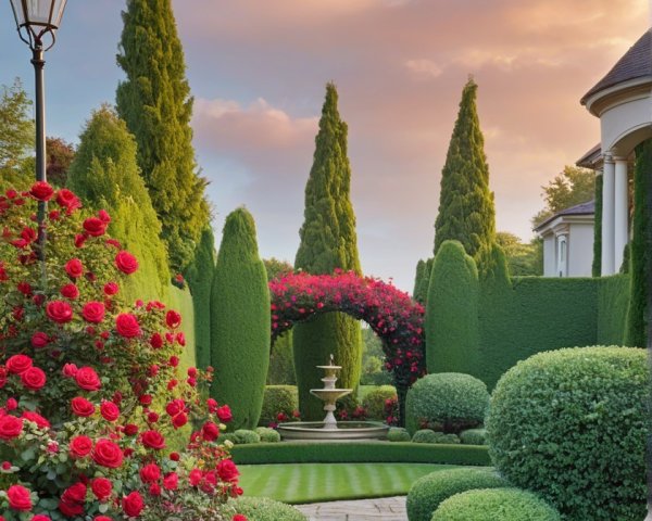 Charming Garden Pathway with Fountain and Flowers
