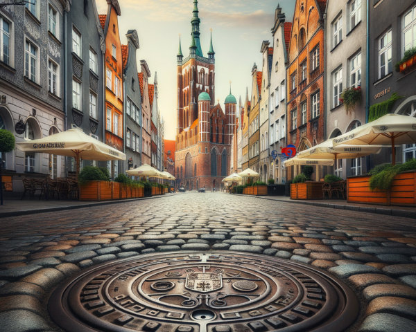 Cobblestone Street with Historic Buildings and Church