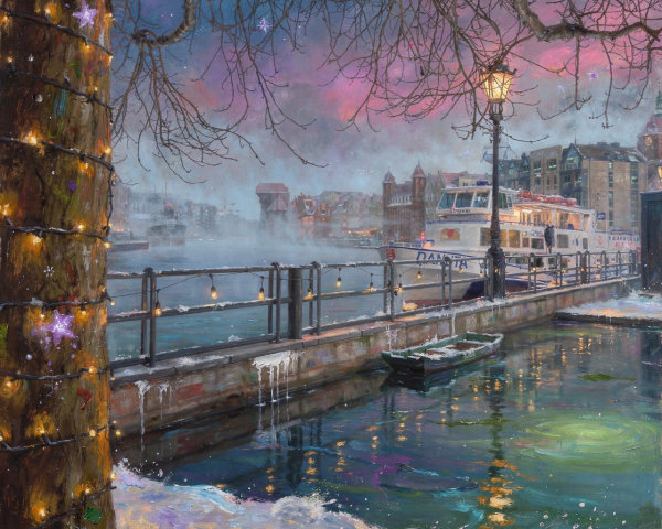 Winter Evening Scene with Tree and Water Reflections