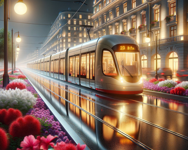 Modern Tram in Vibrant City at Night with Flowers