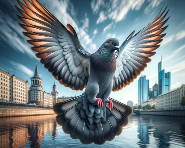 Pigeon Soaring Over Cityscape with Skyscrapers and River