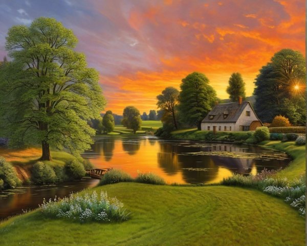 Serene Sunset Landscape with Tranquil Lake and Cottage