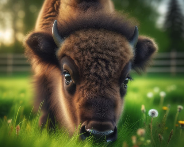 Close-Up of Young Bison Calf in Green Meadow
