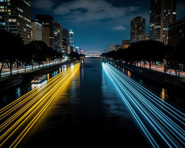 Vibrant Urban River Scene with Light Trails at Night