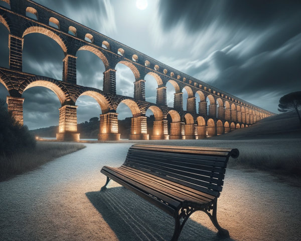 Bench Under Stone Aqueduct in Moonlit Landscape