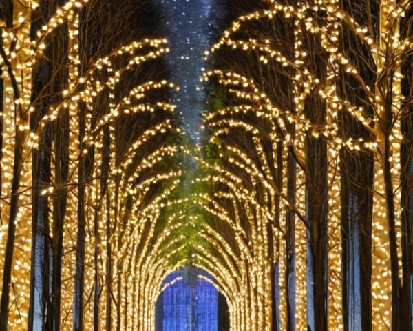 Illuminated Pathway with Bare Trees and String Lights