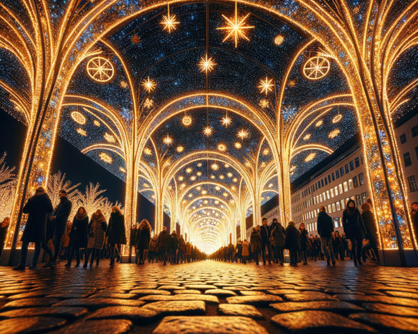 European Night Street with Cobblestones and Christmas Lights