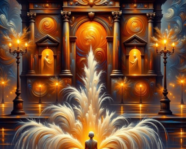Grand architectural structure with illuminated fountain and sky