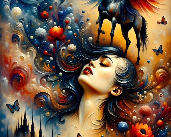 Surreal Scene with Ethereal Woman and Winged Horse