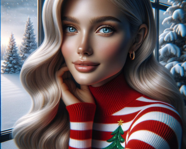 Photorealistic Portrait of a Blonde Girl in Christmas Sweater