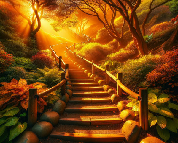 Serene Forest Path with Wooden Steps and Sunlight