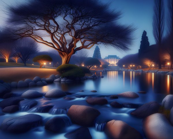 Twilight Landscape with Pond and Elegant Building