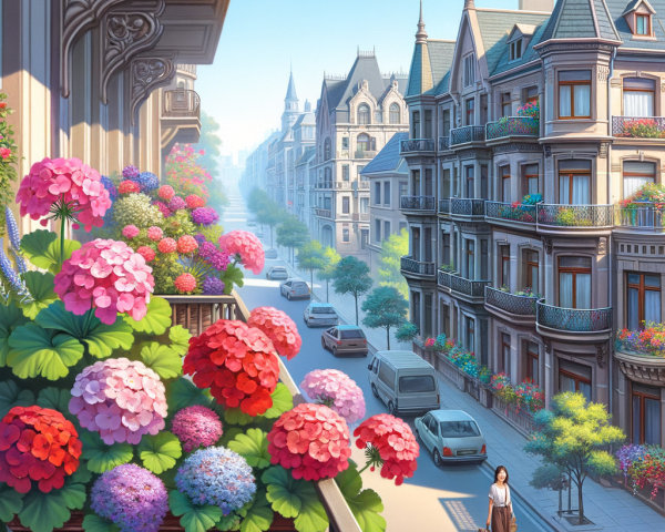 Vibrant cityscape with elegant buildings and flowers
