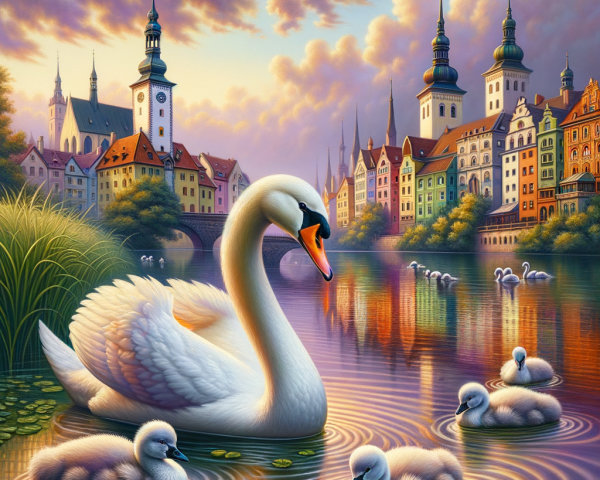Serene Landscape with Swan and City Reflection