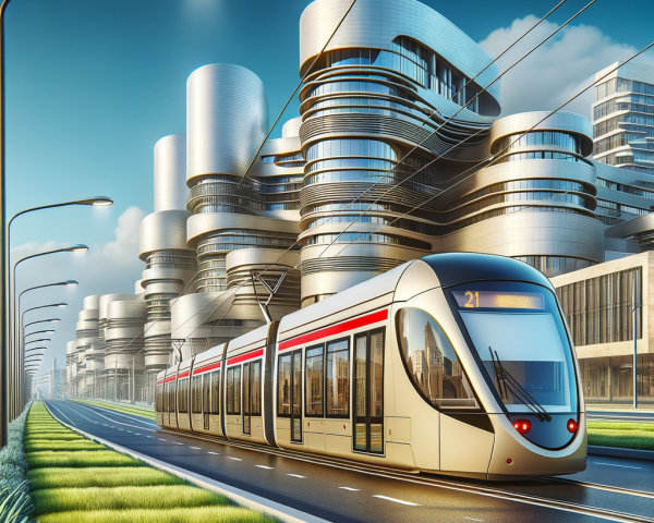 Modern Tram in Futuristic Urban Cityscape