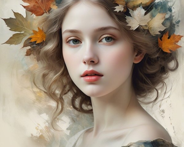 Young woman with autumn leaves in serene landscape