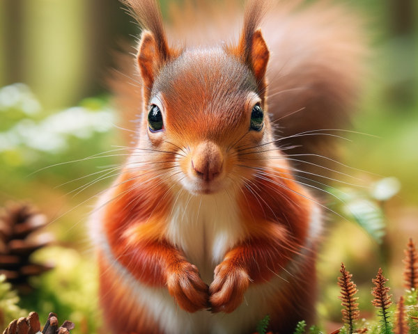 Playful Squirrel in Lush Greenery and Pine Cones