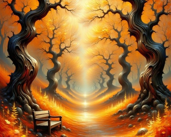 Serene Forest Pathway with Autumn Foliage and Bench