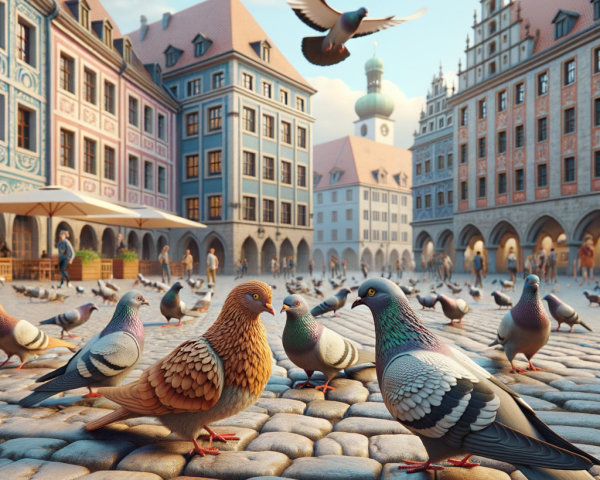 Lively plaza with pigeons and historic buildings