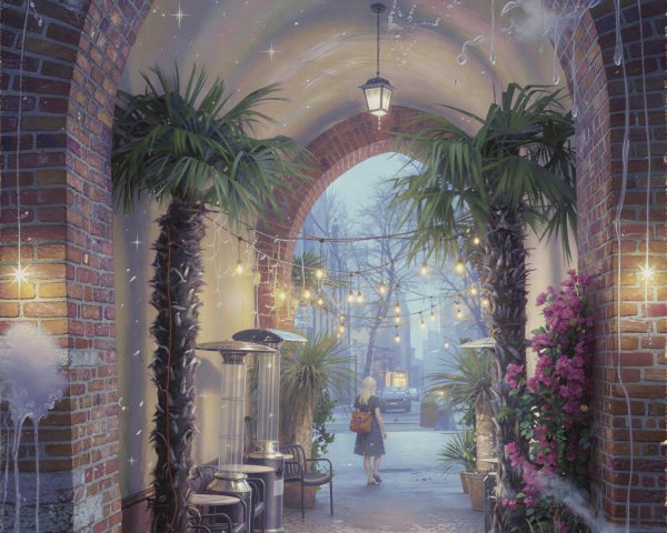 Romantic Winter Alleyway Scene with String Lights