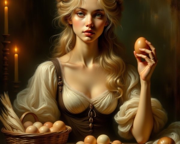 Young woman with egg in rustic candlelit setting
