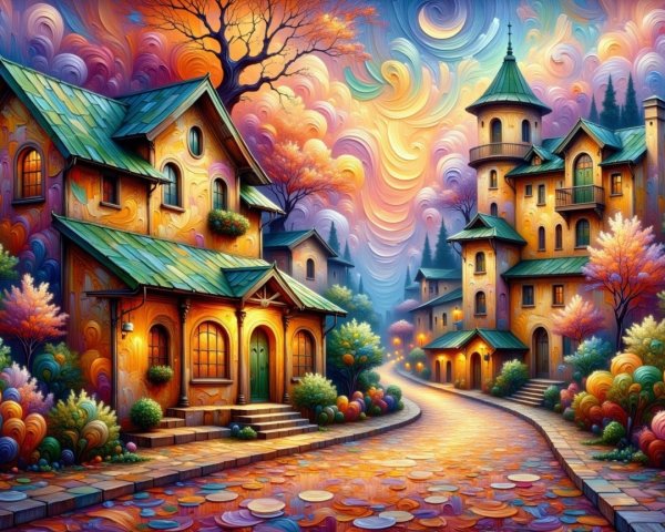 Vibrant Whimsical Village with Colorful Skies and Homes