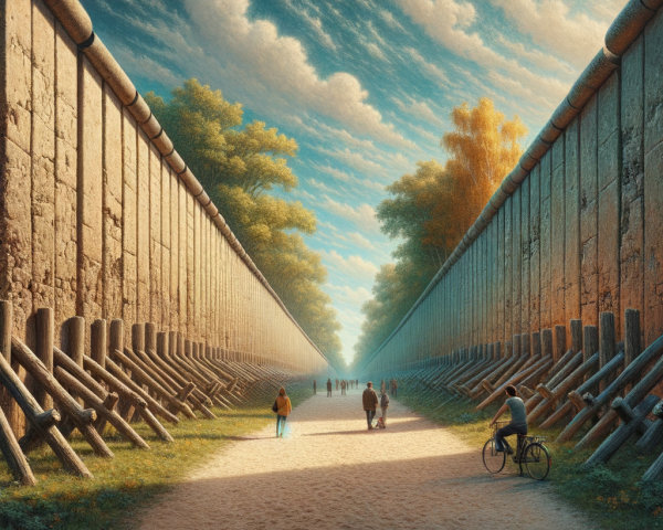 Pathway Surrounded by Stone Walls and Vibrant Trees