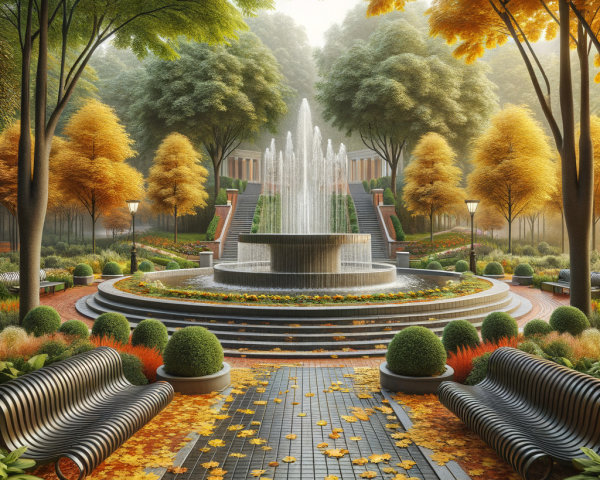 Serene Park Scene with Fountain and Autumn Foliage