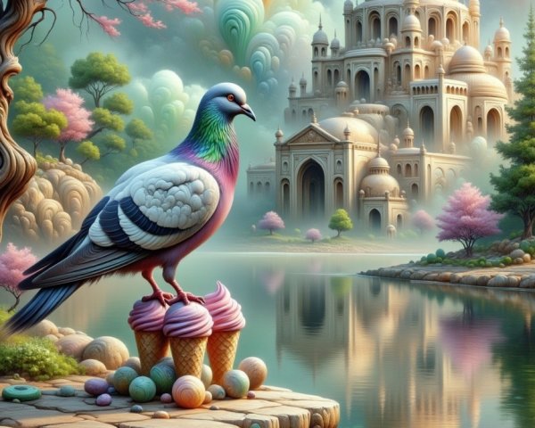 Colorful Pigeon on Ice Cream Cones by Tranquil Lake