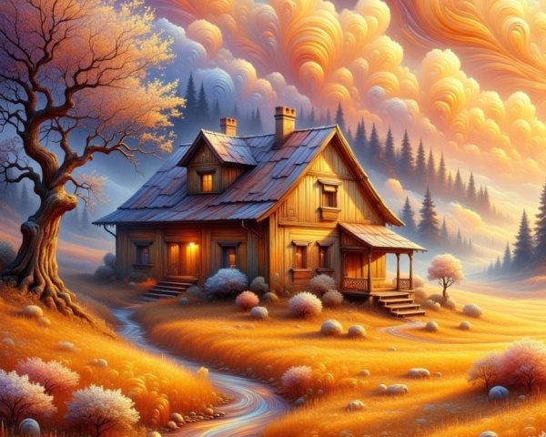 Cozy Wooden House Among Vibrant Autumn Foliage