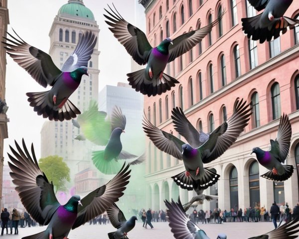 Colorful Pigeons Over a Vibrant Urban Scene