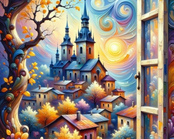 Vibrant Autumn Scene with Castle and Colorful Village