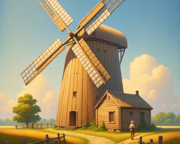 Wooden windmill and cottage in golden fields