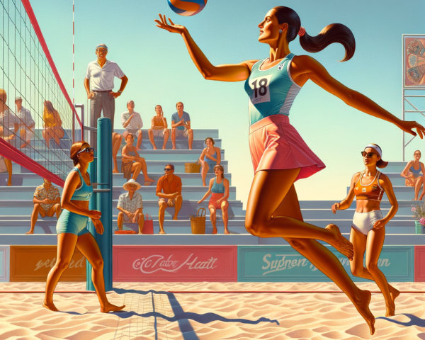 Beach Volleyball Scene with Players and Spectators