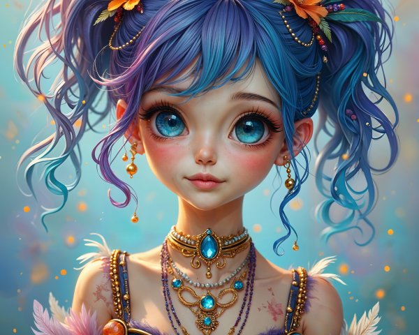 Whimsical Character with Blue Hair and Dreamy Background