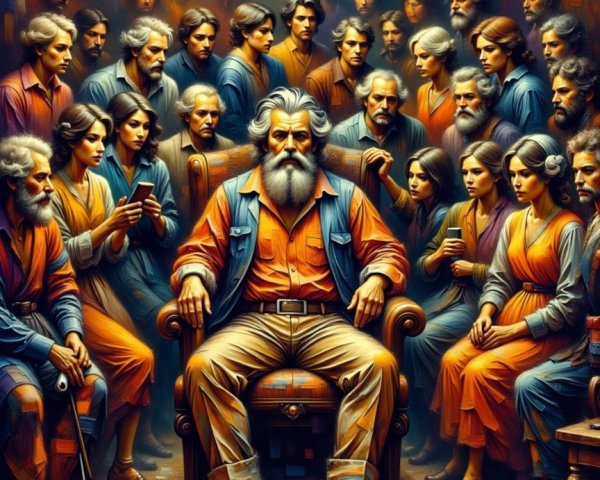 Central figure with beard in vibrant gathering scene