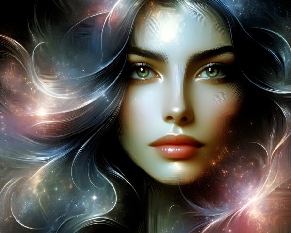 Portrait of a Woman with Cosmic Backdrop and Green Eyes