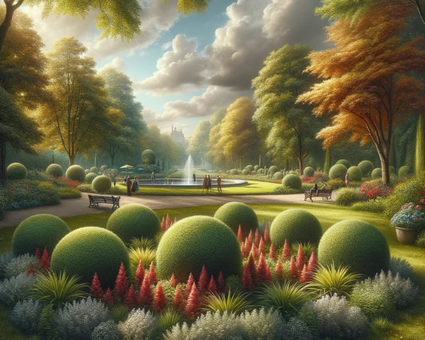 Picturesque Garden with Sunlit Hedges and Fountain