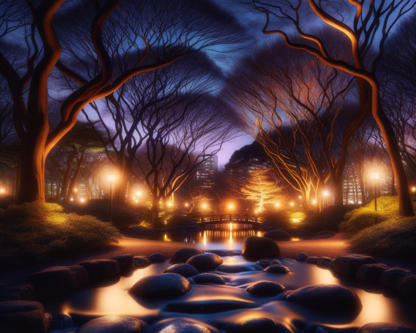 Twilight Park Scene with Lanterns and Tranquil Stream