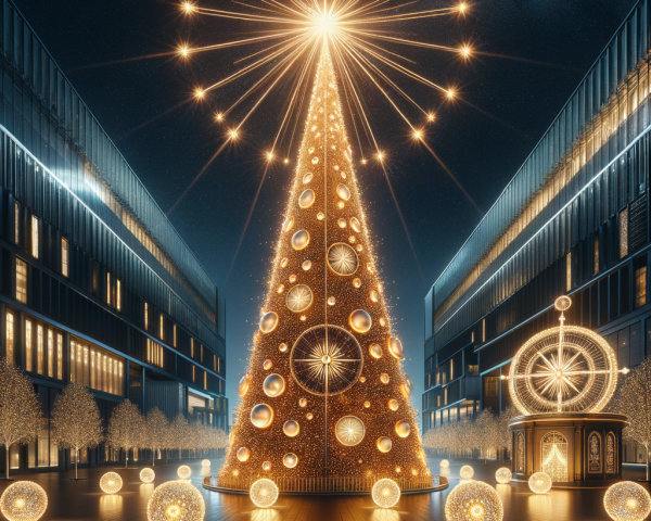 Illuminated Christmas Tree in Modern Plaza Decorated