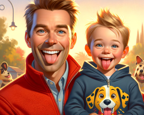 Cheerful man and boy play in vibrant outdoor setting