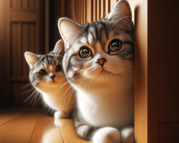Fluffy Kittens Curiously Peeking from Wooden Door